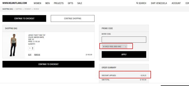Helmut Lang checkout page showing Helmut Lang promo code box | Screenshot taken by SimplyCodes community member on Jan 9, 2022