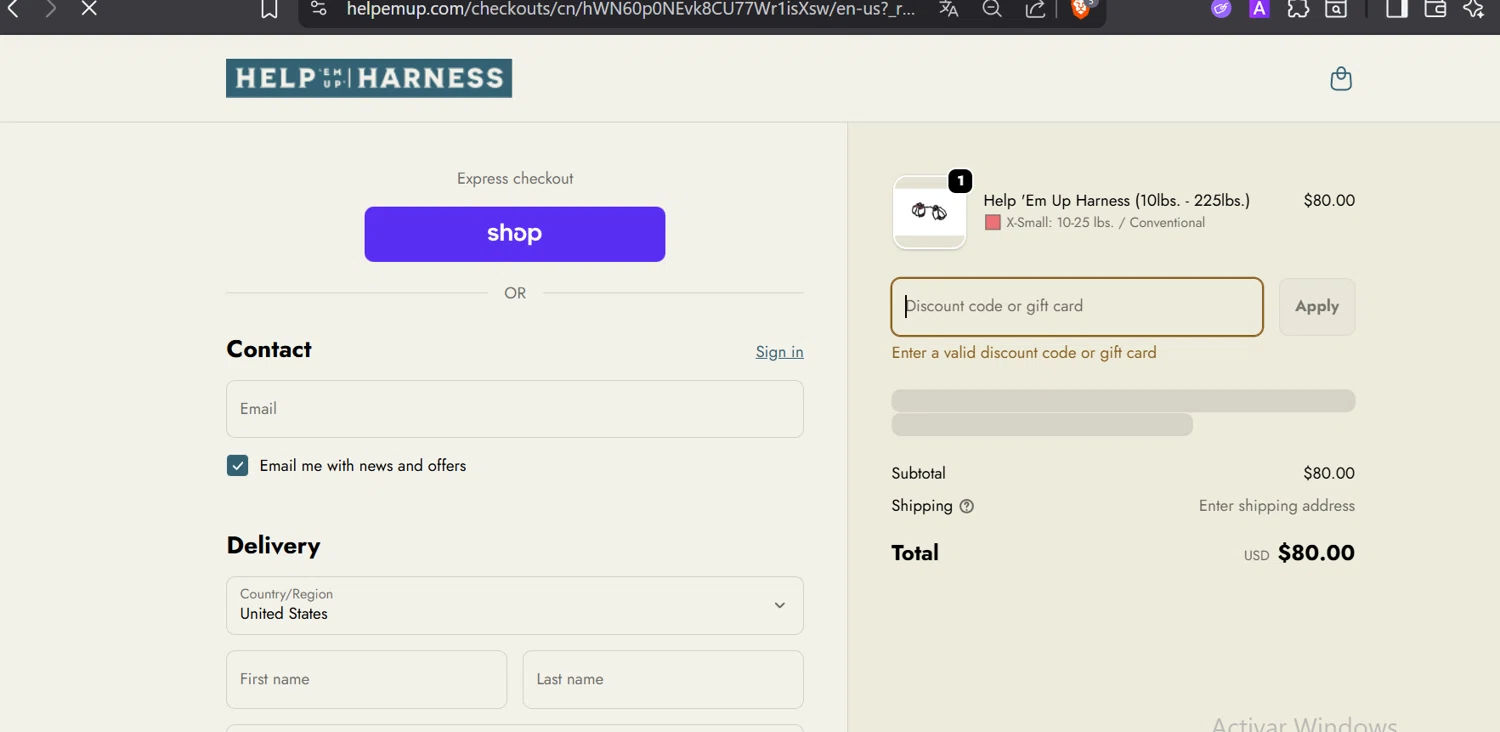 Help Em Up Harness discount code screenshot showing code BFCM25 applied at Help Em Up Harness checkout page. Uploaded by SimplyCodes community member DiaCritics on Dec 3, 2025