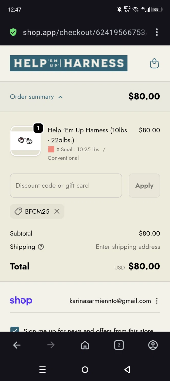 Help Em Up Harness checkout page showing Help Em Up Harness discount code box | Screenshot taken by SimplyCodes community member on Nov 24, 2025