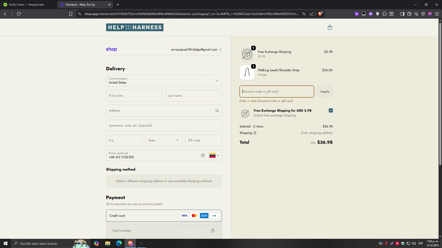 Help Em Up Harness discount code screenshot showing code BFCM25 applied at Help Em Up Harness checkout page. Uploaded by SimplyCodes community member Tragedy on Dec 3, 2025