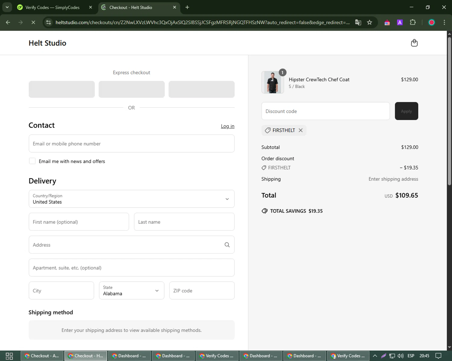 Helt Studio promo code screenshot showing code FIRSTHELT applied at Helt Studio checkout page. Uploaded by SimplyCodes community member Robert_Williams on May 1, 2025