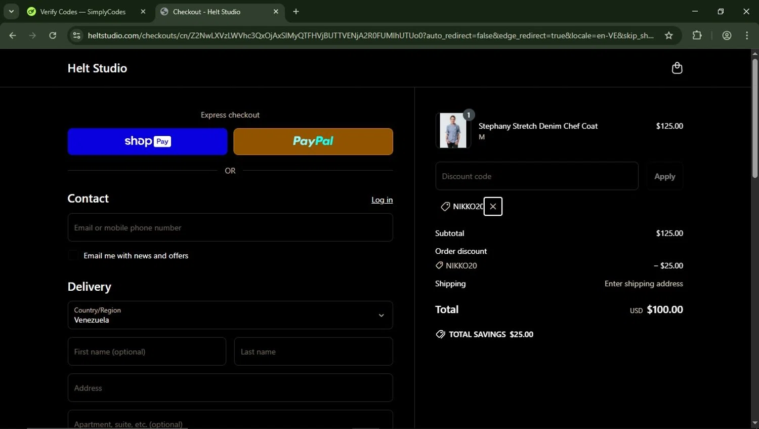 Helt Studio promo code screenshot showing code NIKKO20 applied at Helt Studio checkout page. Uploaded by SimplyCodes community member LegendaryFalcon5662 on Apr 17, 2025