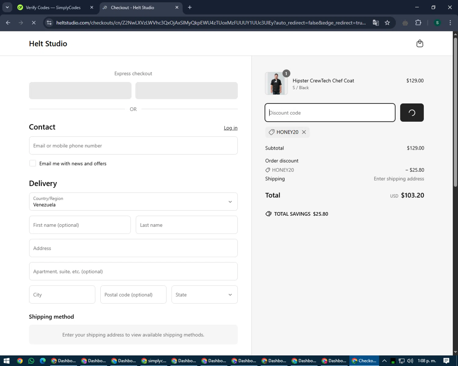 Helt Studio promo code screenshot showing code HONEY20 applied at Helt Studio checkout page. Uploaded by SimplyCodes community member lilMosey on Apr 17, 2025