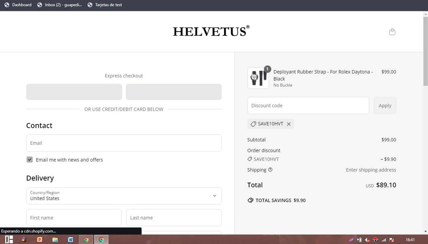 Helvetus promo code screenshot showing code SAVE10HVT applied at Helvetus checkout page. Uploaded by SimplyCodes community member PaticoBel on Apr 17, 2025
