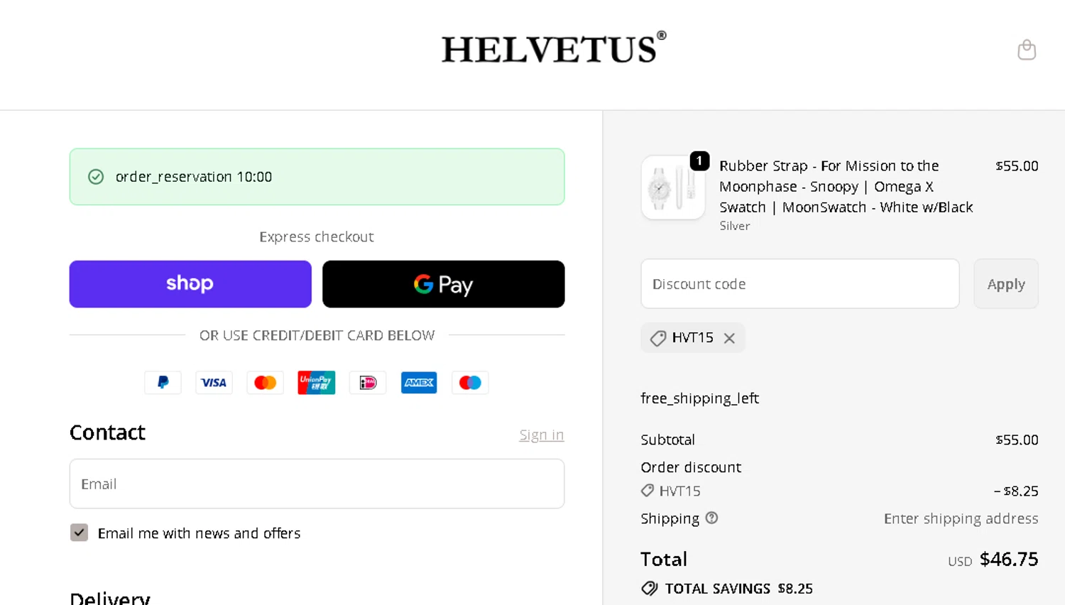 Helvetus promo code screenshot showing code HVT15 applied at Helvetus checkout page. Uploaded by SimplyCodes community member CRYSTALSUICINE on Nov 11, 2025