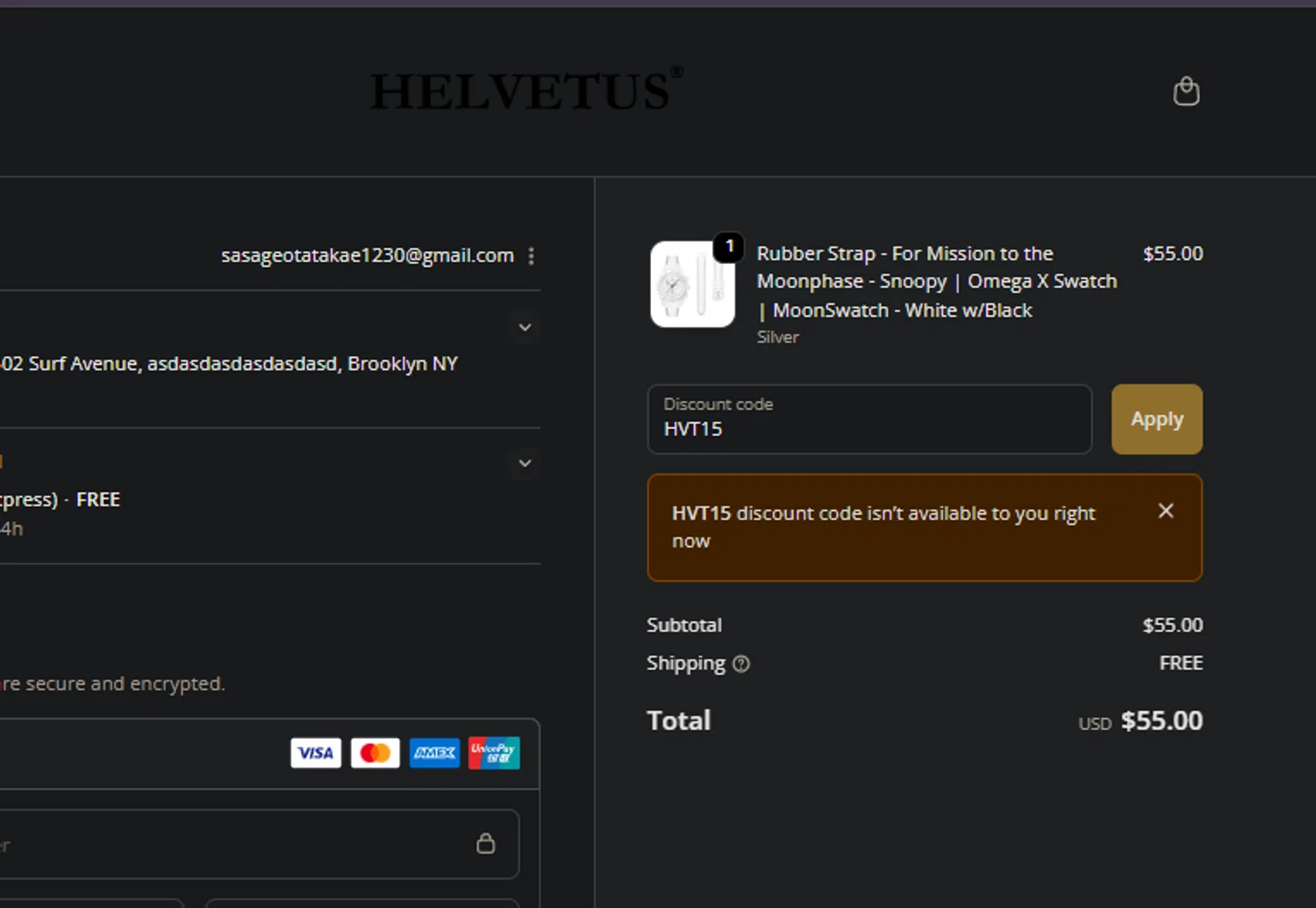 Helvetus promo code screenshot showing code HVT15 applied at Helvetus checkout page. Uploaded by SimplyCodes community member FIREINTHEHOLE on Dec 2, 2025