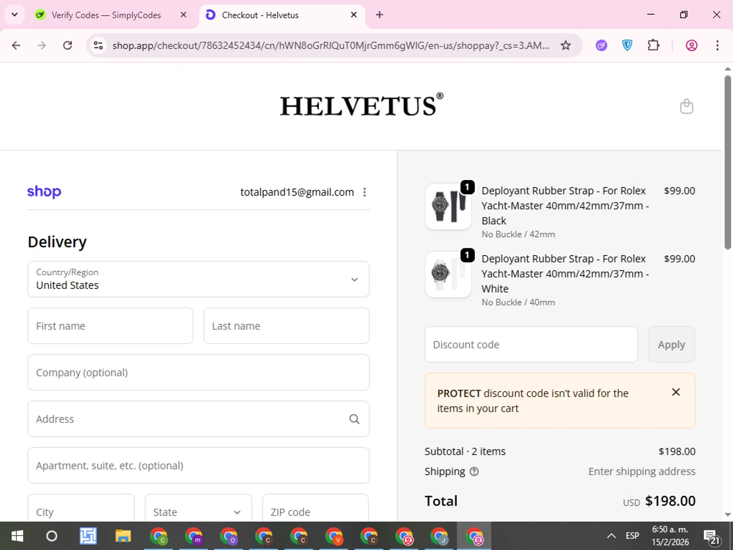 Helvetus checkout page showing Helvetus promo code box | Screenshot taken by SimplyCodes community member on Feb 15, 2026