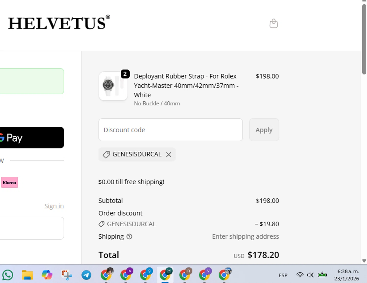 Helvetus promo code screenshot showing code GENESISDURCAL applied at Helvetus checkout page. Uploaded by SimplyCodes community member FrugalVirtuoso6318 on Jan 23, 2026