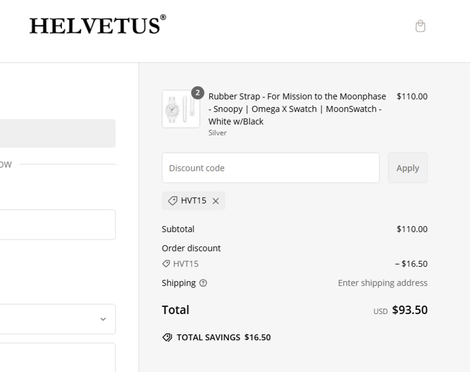 Helvetus promo code screenshot showing code HVT15 applied at Helvetus checkout page. Uploaded by SimplyCodes community member aumentadax10 on Feb 14, 2025