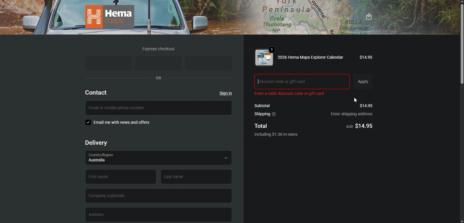 Hema Maps discount code screenshot showing code HEMA10 applied at Hema Maps checkout page. Uploaded by SimplyCodes community member TreasureMaestro5413 on Nov 19, 2025