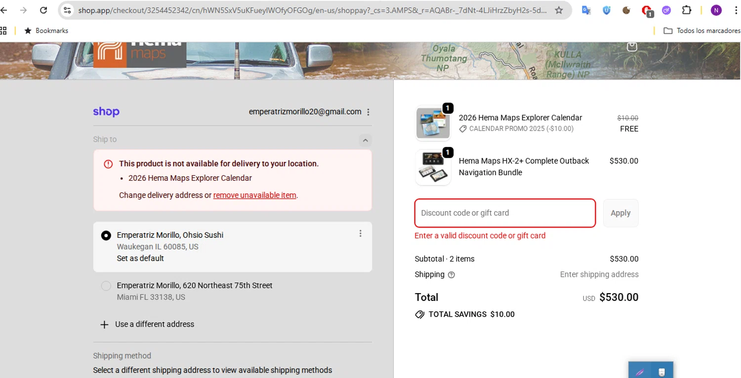 Hema Maps discount code screenshot showing code THANKS10 applied at Hema Maps checkout page. Uploaded by SimplyCodes community member CleverCurator2158 on Nov 19, 2025