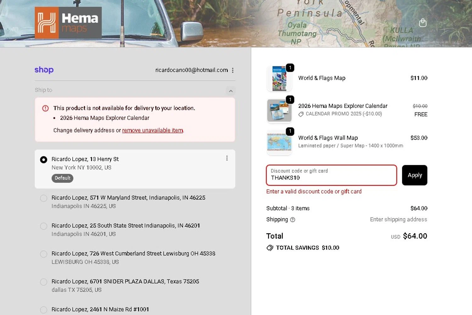 Hema Maps discount code screenshot showing code THANKS10 applied at Hema Maps checkout page. Uploaded by SimplyCodes community member LAMINEJAMAL on Nov 19, 2025