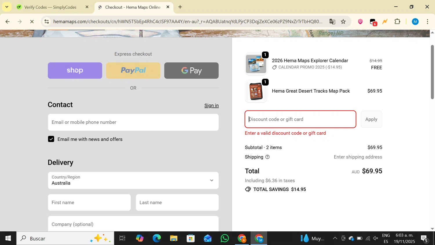 Hema Maps discount code screenshot showing code THANKS10 applied at Hema Maps checkout page. Uploaded by SimplyCodes community member LegendaryAce4371 on Nov 19, 2025