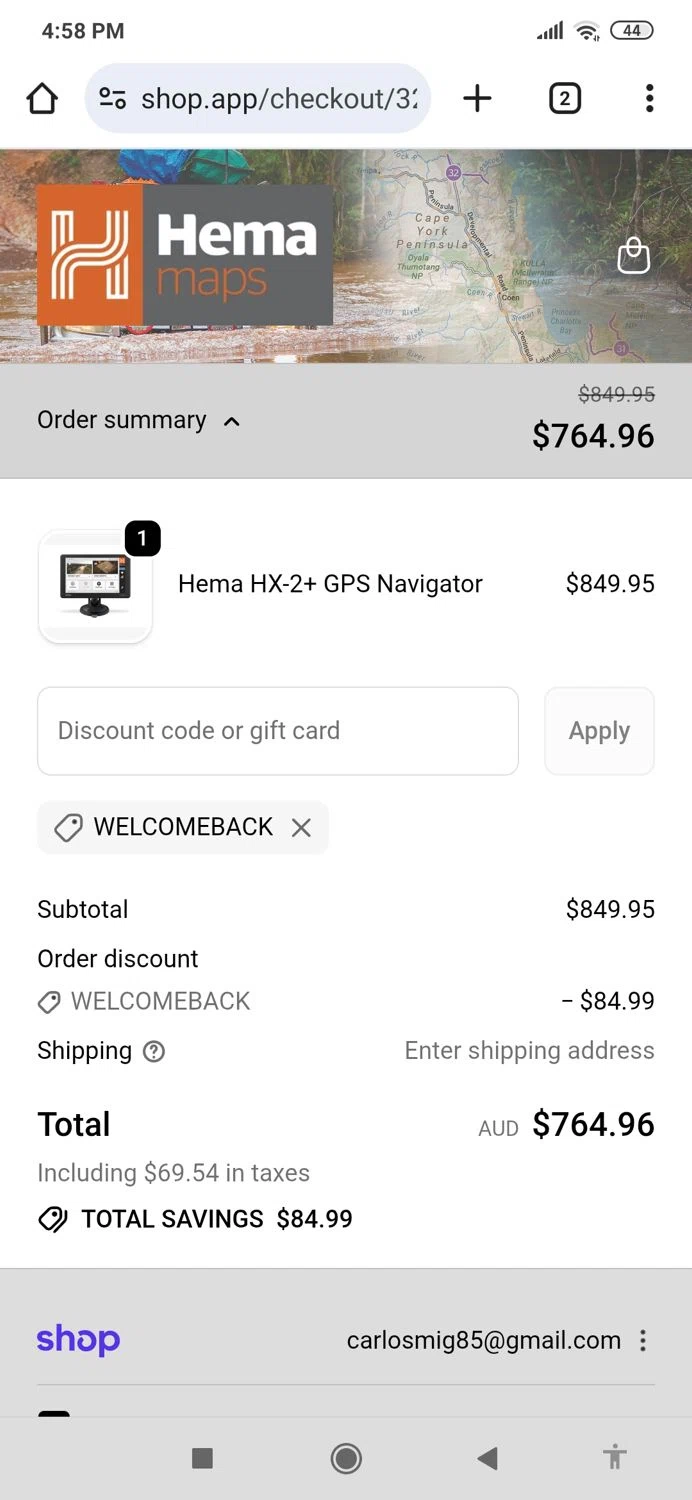 Hema Maps discount code screenshot showing code WELCOMEBACK applied at Hema Maps checkout page. Uploaded by SimplyCodes community member MightyBoss9975 on Oct 2, 2025