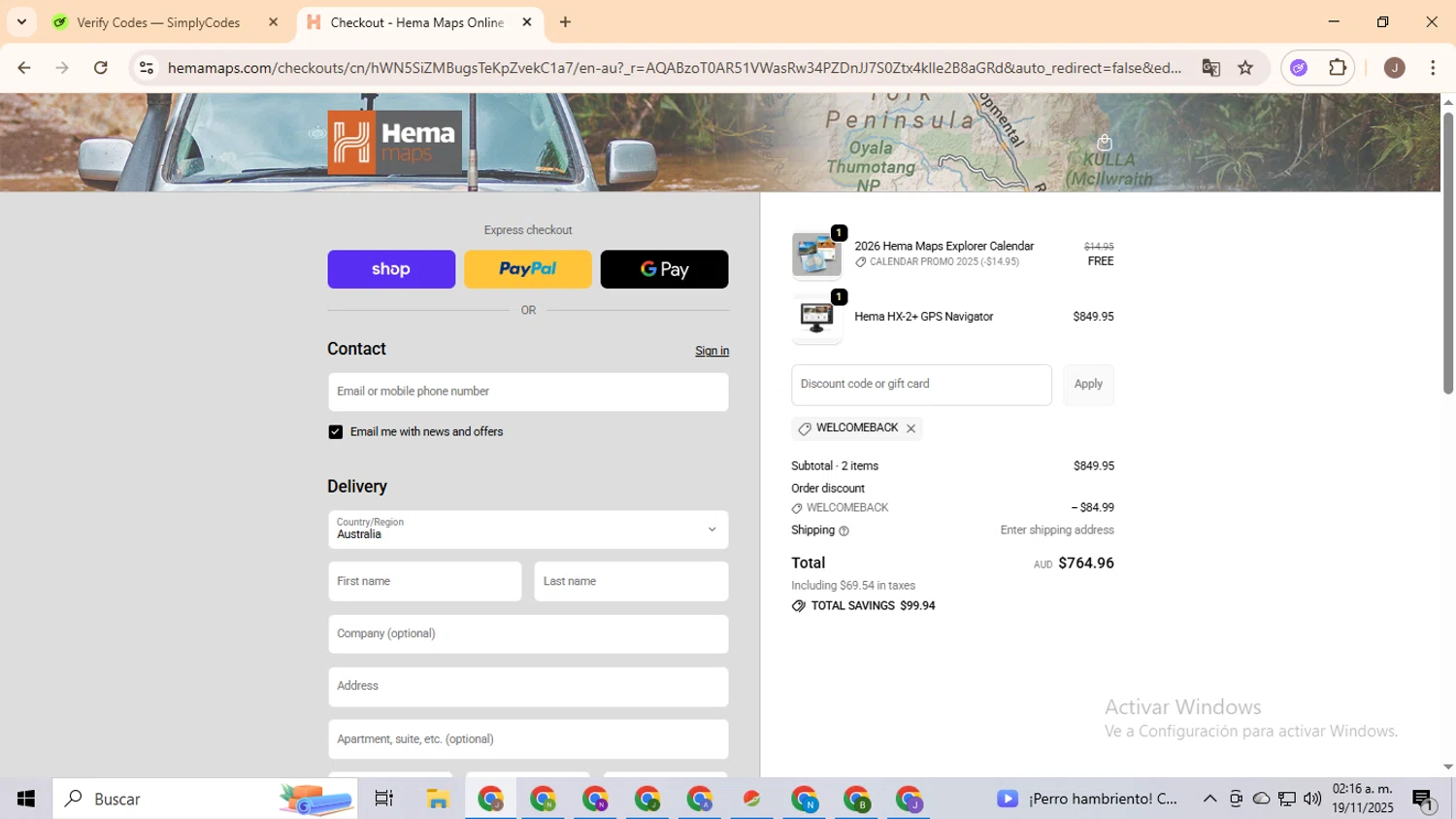 Hema Maps discount code screenshot showing code WELCOMEBACK applied at Hema Maps checkout page. Uploaded by SimplyCodes community member ValiantHero2365 on Nov 19, 2025