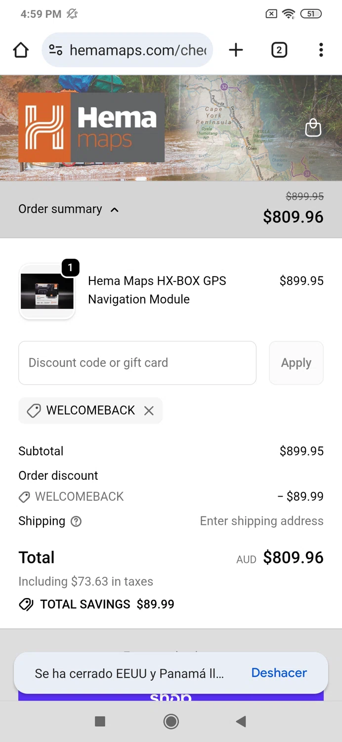 Hema Maps discount code screenshot showing code WELCOMEBACK applied at Hema Maps checkout page. Uploaded by SimplyCodes community member alexanderarnold on Oct 2, 2025