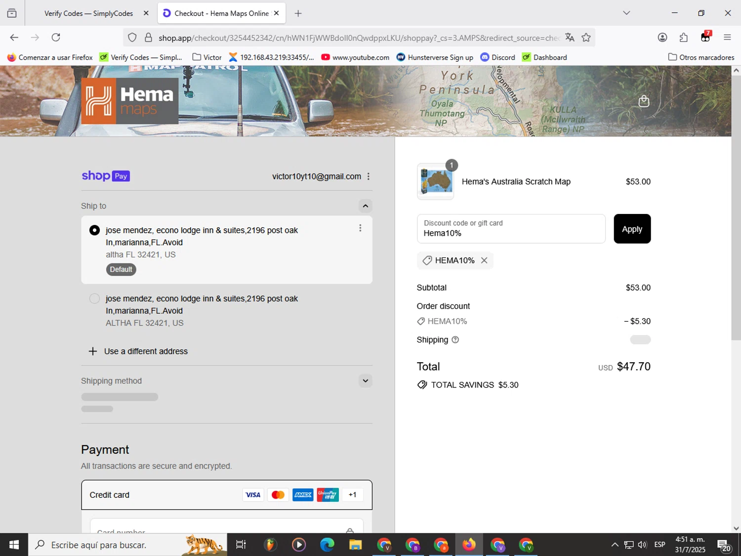 Hema Maps discount code screenshot showing code Hema10% applied at Hema Maps checkout page. Uploaded by SimplyCodes community member Garou_Y2K on Jul 31, 2025