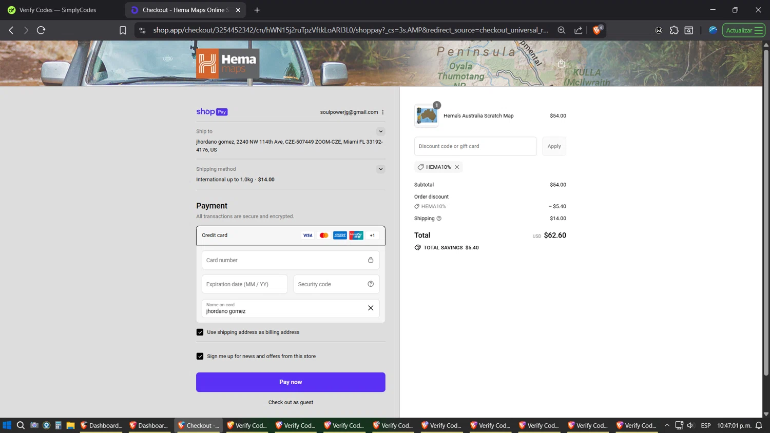 Hema Maps discount code screenshot showing code Hema10% applied at Hema Maps checkout page. Uploaded by SimplyCodes community member Jgomez on Jul 27, 2025