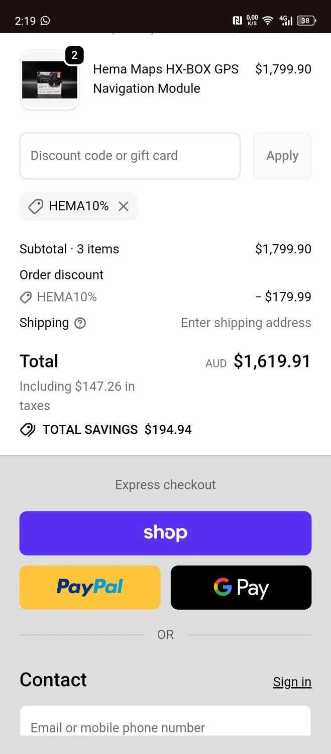 Hema Maps discount code screenshot showing code Hema10% applied at Hema Maps checkout page. Uploaded by SimplyCodes community member SavvyOwl4773 on Nov 19, 2025