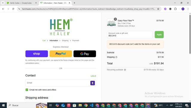 Hem Healer checkout page showing Hem Healer discount code box | Screenshot taken by SimplyCodes community member on Sep 8, 2025