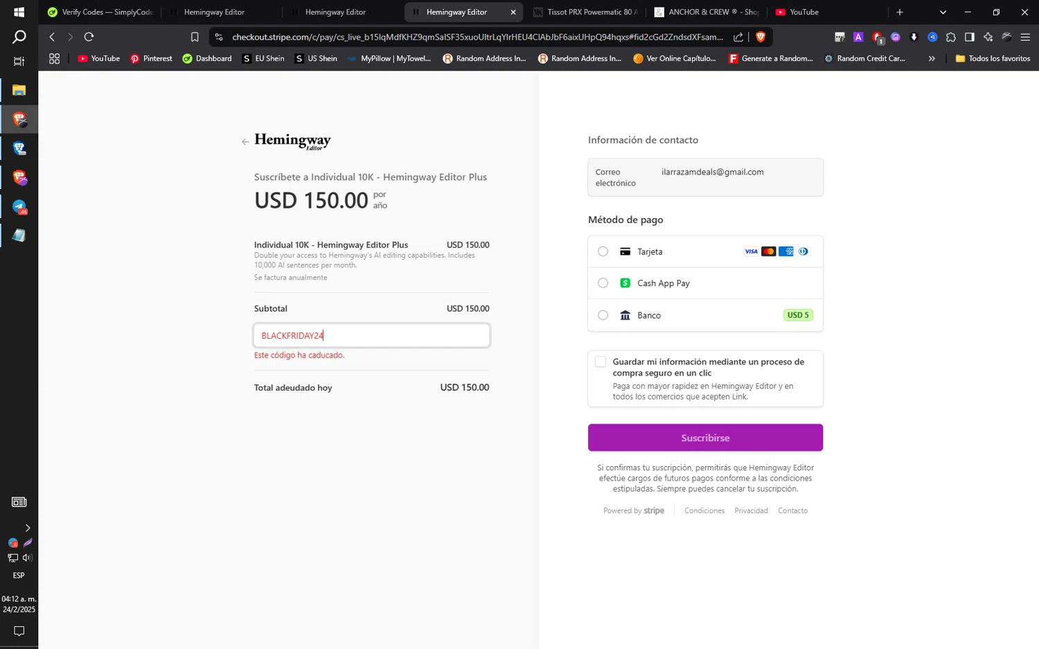 Hemingway App promo code screenshot showing code BLACKFRIDAY24 applied at Hemingway App checkout page. Uploaded by SimplyCodes community member ilarrazaM1 on Feb 24, 2025