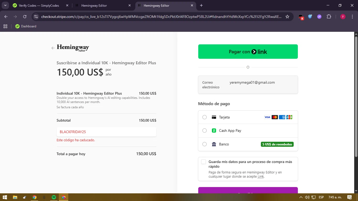 Hemingway App promo code screenshot showing code Blackfriday25 applied at Hemingway App checkout page. Uploaded by SimplyCodes community member ValiantFox2134 on Dec 19, 2025