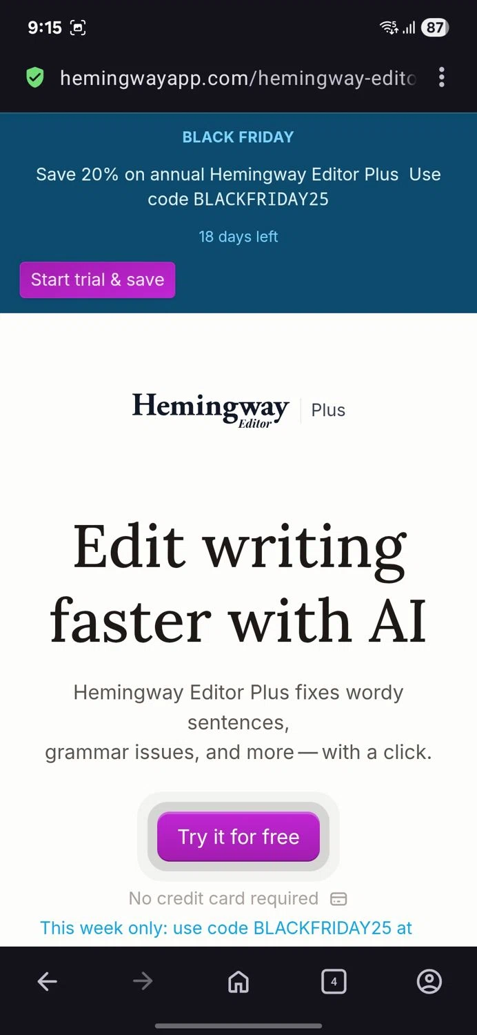 Hemingway App promo code screenshot showing code Blackfriday25 applied at Hemingway App checkout page. Uploaded by SimplyCodes community member BB9542251456527 on Nov 18, 2025