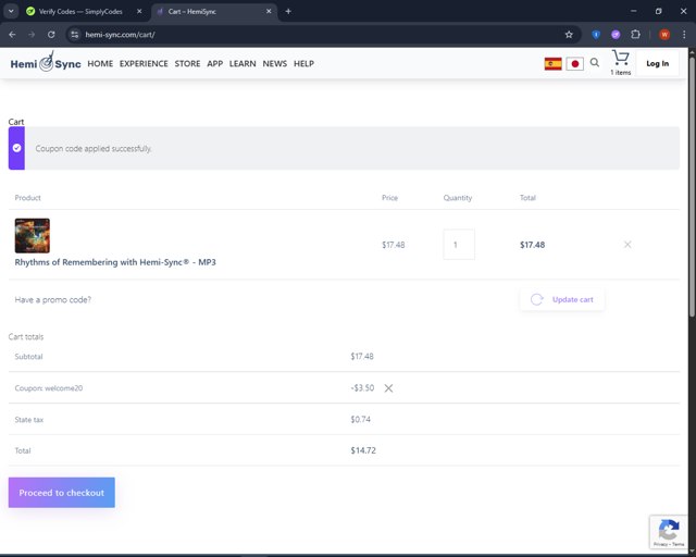 Hemi-Sync checkout page showing Hemi-Sync promo code box | Screenshot taken by SimplyCodes community member on Aug 15, 2025