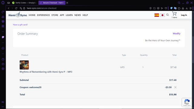 Hemi-Sync checkout page showing Hemi-Sync promo code box | Screenshot taken by SimplyCodes community member on Jun 30, 2025