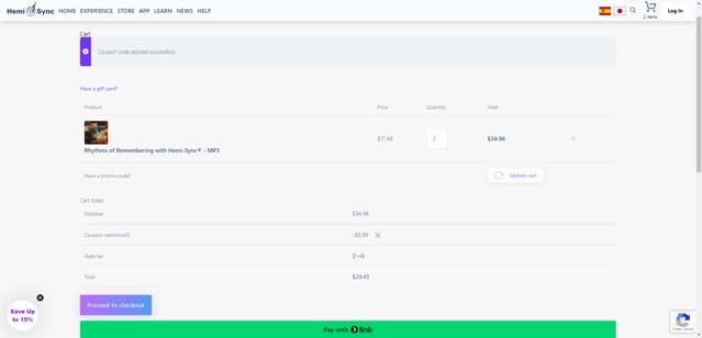 Hemi-Sync checkout page showing Hemi-Sync promo code box | Screenshot taken by SimplyCodes community member on Jun 30, 2025