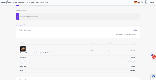 Hemi-Sync checkout page showing Hemi-Sync promo code box | Screenshot taken by SimplyCodes community member on Jul 11, 2025