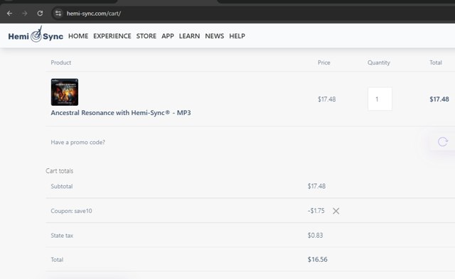 Hemi-Sync checkout page showing Hemi-Sync promo code box | Screenshot taken by SimplyCodes community member on Jun 30, 2025