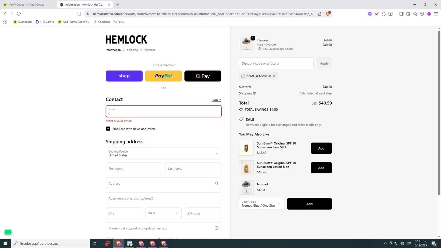 Hemlock Hat Co. discount code screenshot showing code Hemlockfam10 applied at Hemlock Hat Co. checkout page. Uploaded by SimplyCodes community member Nezukooo on Dec 5, 2025