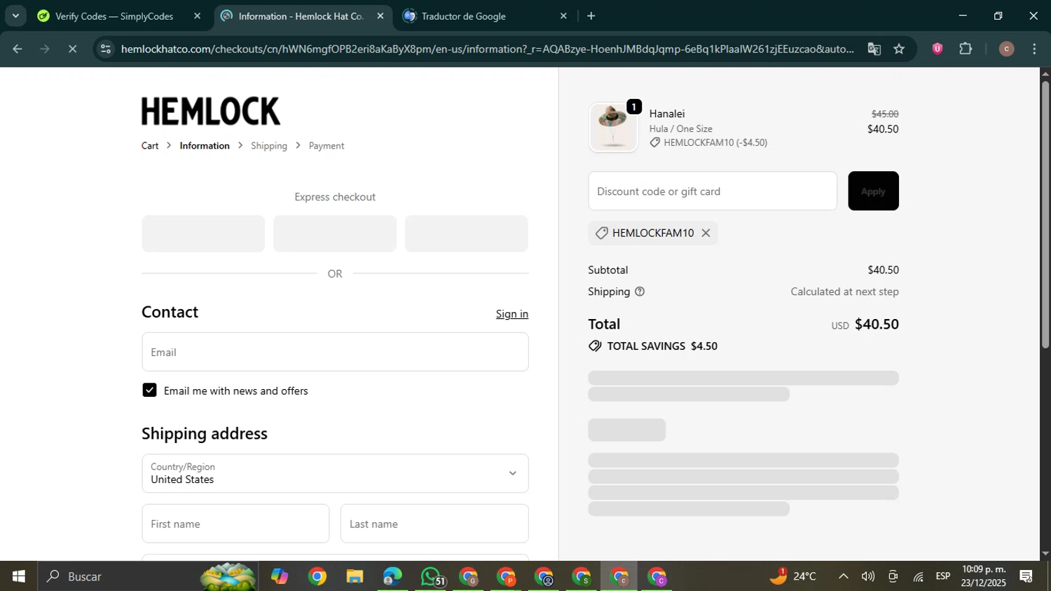 Hemlock Hat Co. discount code screenshot showing code Hemlockfam10 applied at Hemlock Hat Co. checkout page. Uploaded by SimplyCodes community member NobleExpert6497 on Dec 24, 2025