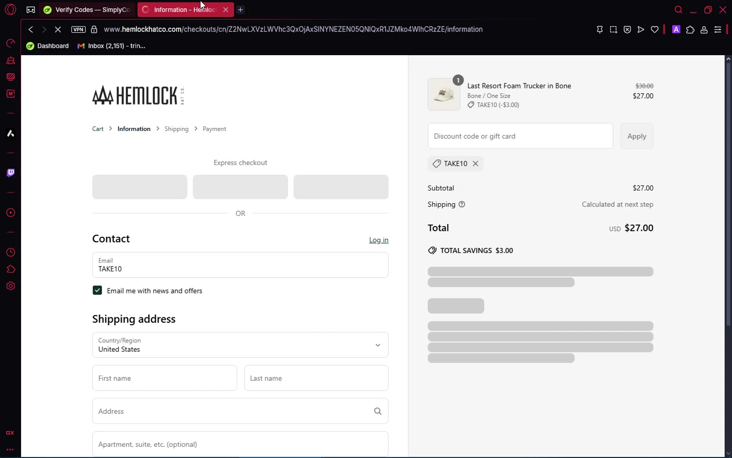 Hemlock Hat Co. discount code screenshot showing code TAKE10 applied at Hemlock Hat Co. checkout page. Uploaded by SimplyCodes community member SaleRanger1 on Apr 28, 2025