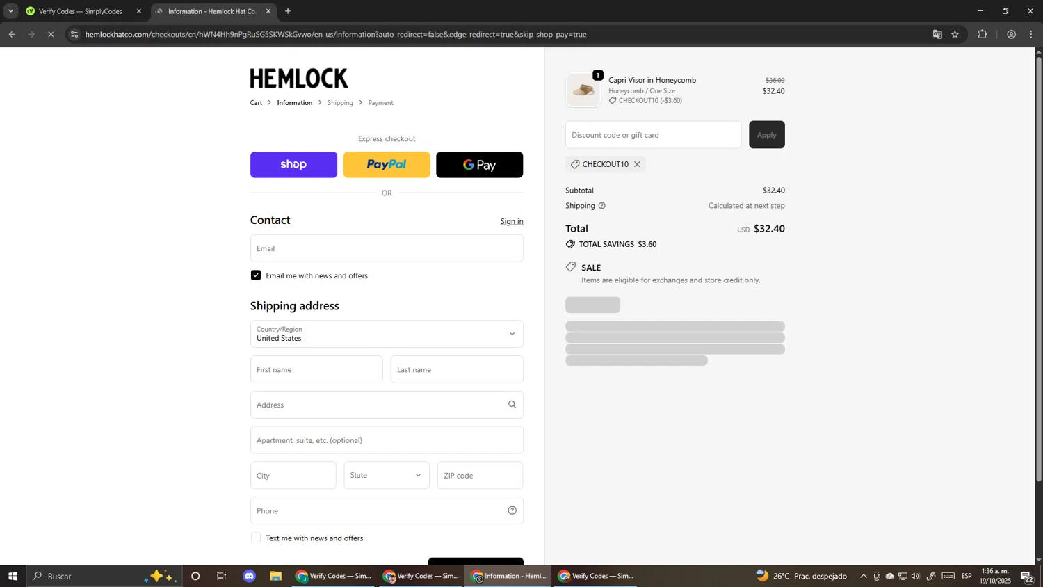 Hemlock Hat Co. discount code screenshot showing code CHECKOUT10 applied at Hemlock Hat Co. checkout page. Uploaded by SimplyCodes community member Pirlo420 on Oct 19, 2025
