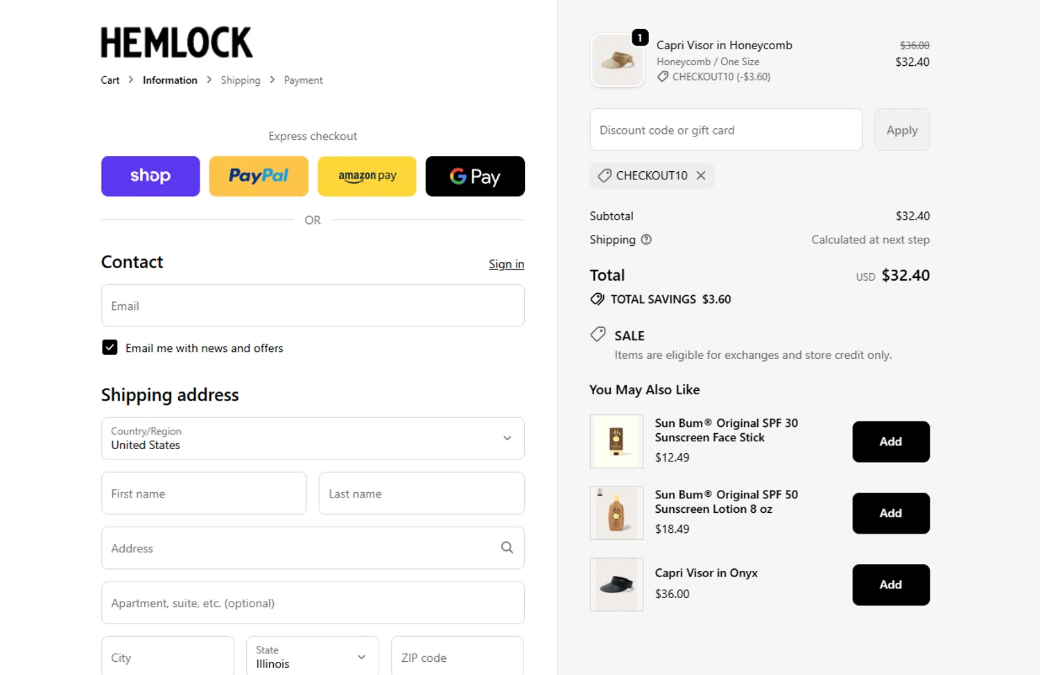 Hemlock Hat Co. discount code screenshot showing code CHECKOUT10 applied at Hemlock Hat Co. checkout page. Uploaded by SimplyCodes community member VoucherVirtuoso2520 on Nov 9, 2025