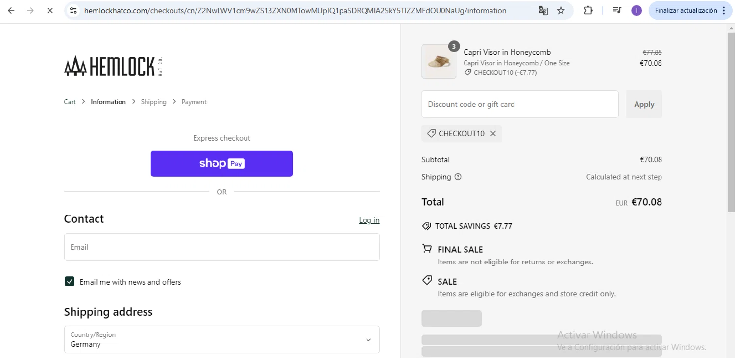 Hemlock Hat Co. discount code screenshot showing code CHECKOUT10 applied at Hemlock Hat Co. checkout page. Uploaded by SimplyCodes community member ShrewdPro1453 on Jan 12, 2025