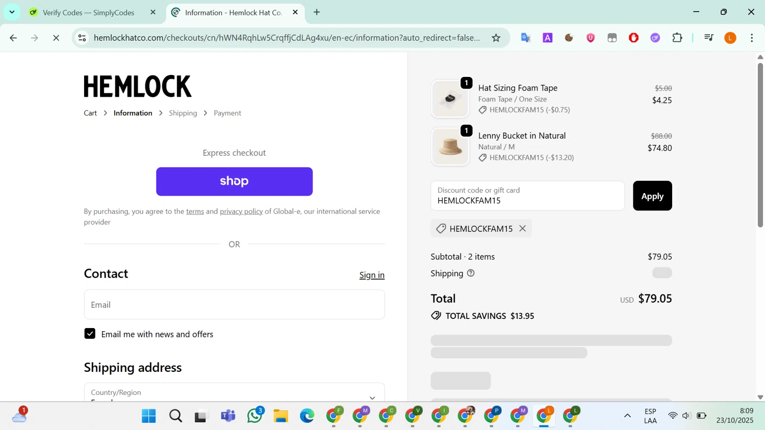 Hemlock Hat Co. discount code screenshot showing code HEMLOCKFAM15 applied at Hemlock Hat Co. checkout page. Uploaded by SimplyCodes community member RebateLegend8934 on Oct 23, 2025
