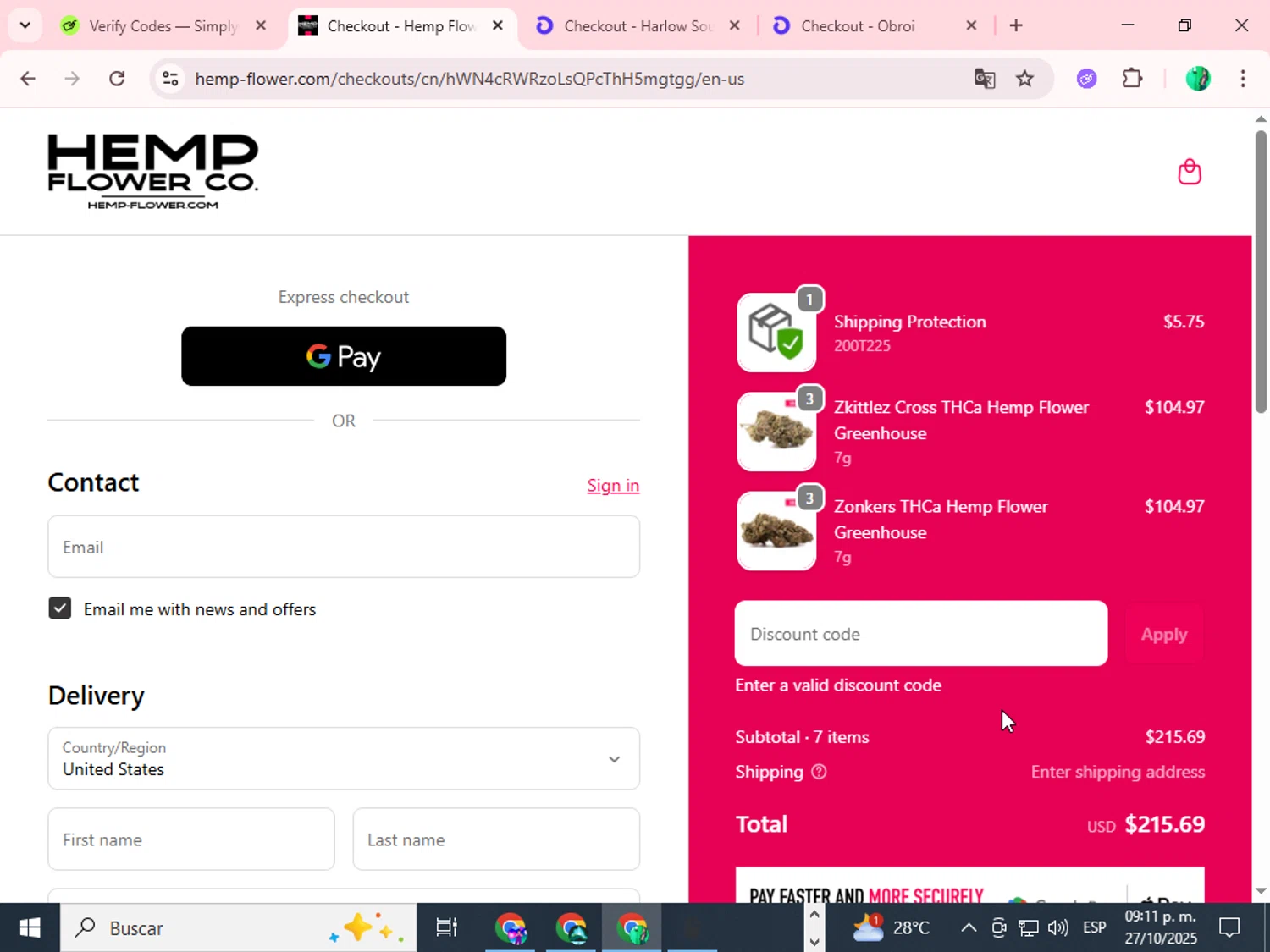 Hemp Flower Co. discount code screenshot showing code HEMP20 applied at Hemp Flower Co. checkout page. Uploaded by SimplyCodes community member FortunateMaven5954 on Oct 28, 2025
