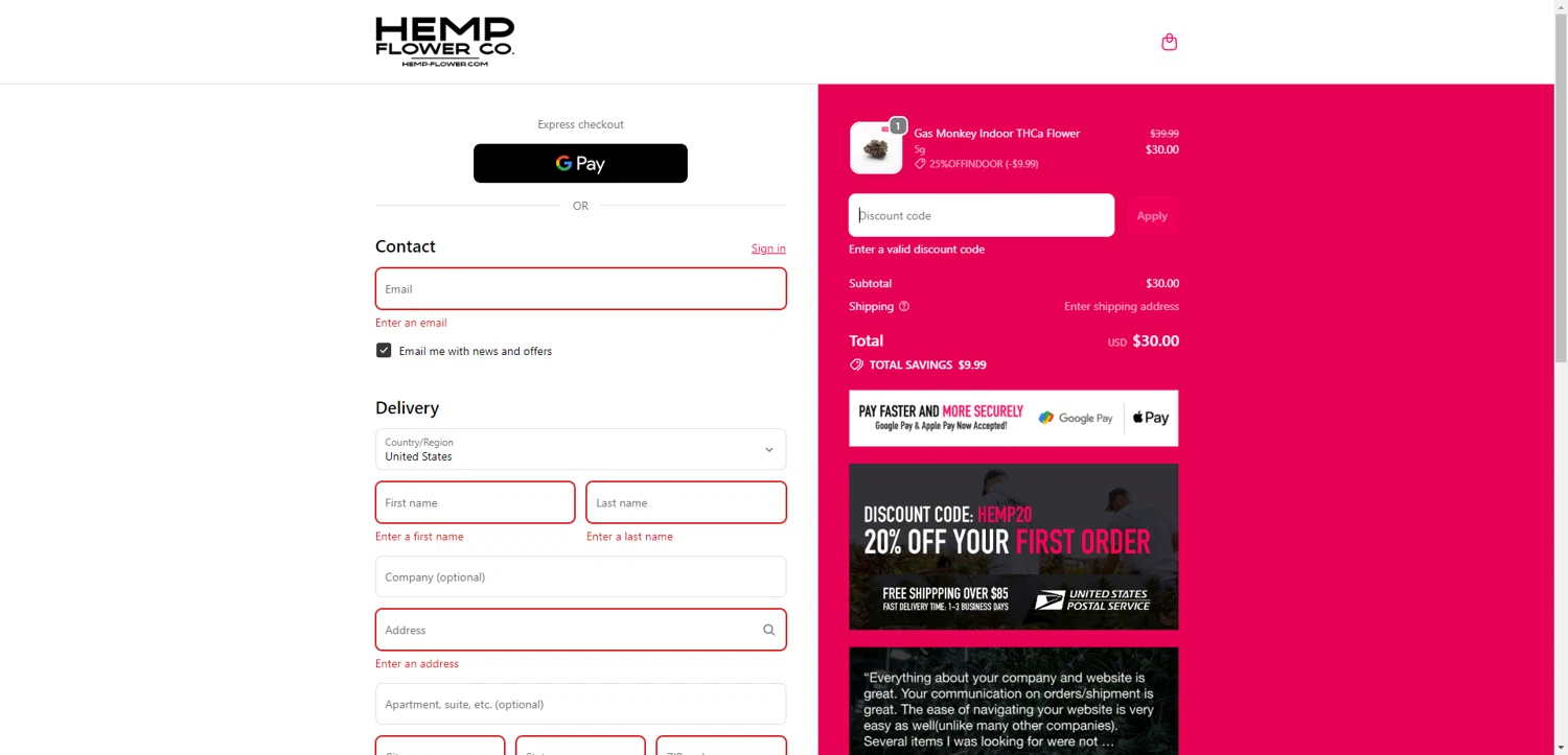 Hemp Flower Co. discount code screenshot showing code HEMP20 applied at Hemp Flower Co. checkout page. Uploaded by SimplyCodes community member PennyRanger8219 on Oct 28, 2025