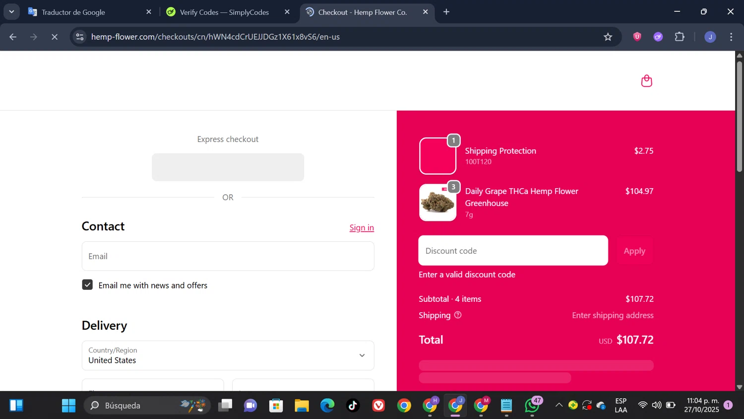 Hemp Flower Co. discount code screenshot showing code HEMP20 applied at Hemp Flower Co. checkout page. Uploaded by SimplyCodes community member thesoldier on Oct 28, 2025