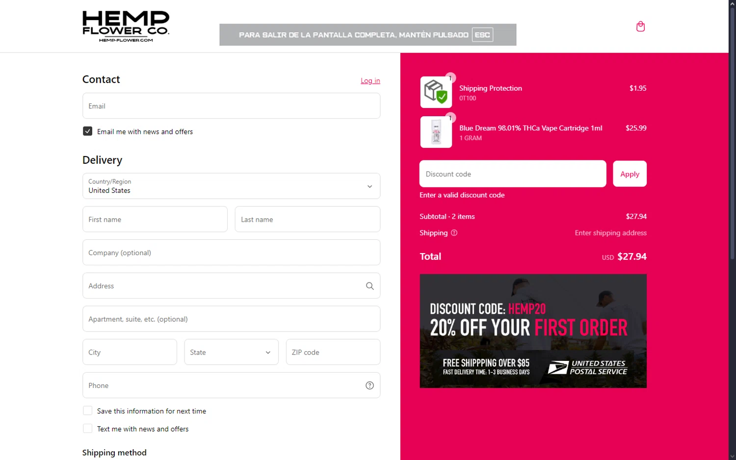 Hemp Flower Co. discount code screenshot showing code VAPEDEAL applied at Hemp Flower Co. checkout page. Uploaded by SimplyCodes community member GAPP3003 on Mar 11, 2025