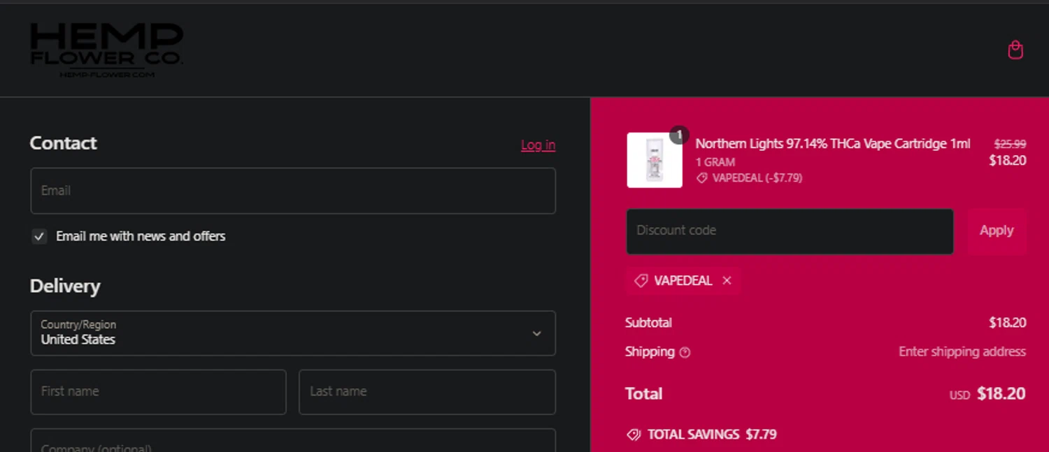Hemp Flower Co. discount code screenshot showing code VAPEDEAL applied at Hemp Flower Co. checkout page. Uploaded by SimplyCodes community member idkxxx on Jan 22, 2025