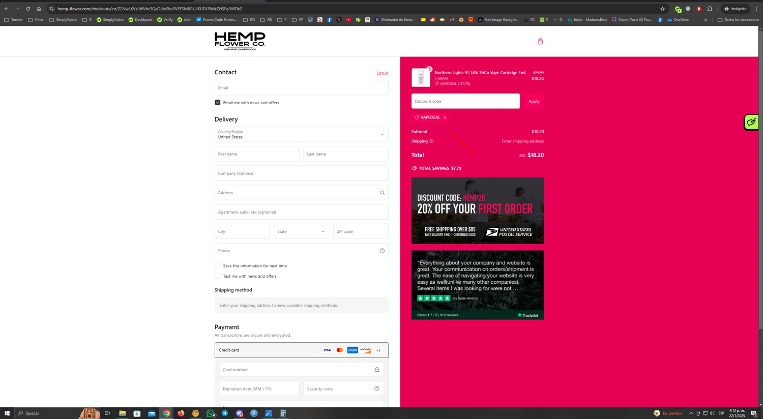 Hemp Flower Co. discount code screenshot showing code VAPEDEAL applied at Hemp Flower Co. checkout page. Uploaded by SimplyCodes community member UnkNownVnzla on Jan 22, 2025