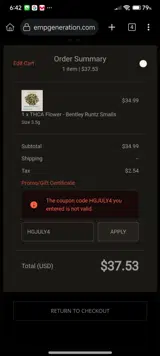 Hemp Generation coupon verification screenshot
