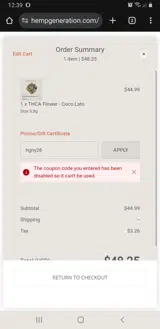 Hemp Generation coupon verification screenshot