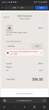 Hemp Generation coupon verification screenshot