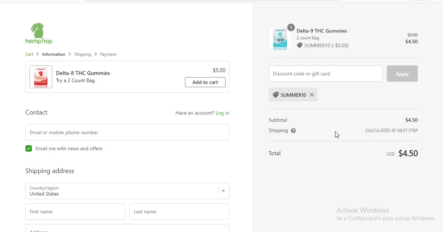 Hemp Hop discount code screenshot showing code SUMMER10 applied at Hemp Hop checkout page. Uploaded by SimplyCodes community member Monitos on Jan 7, 2025
