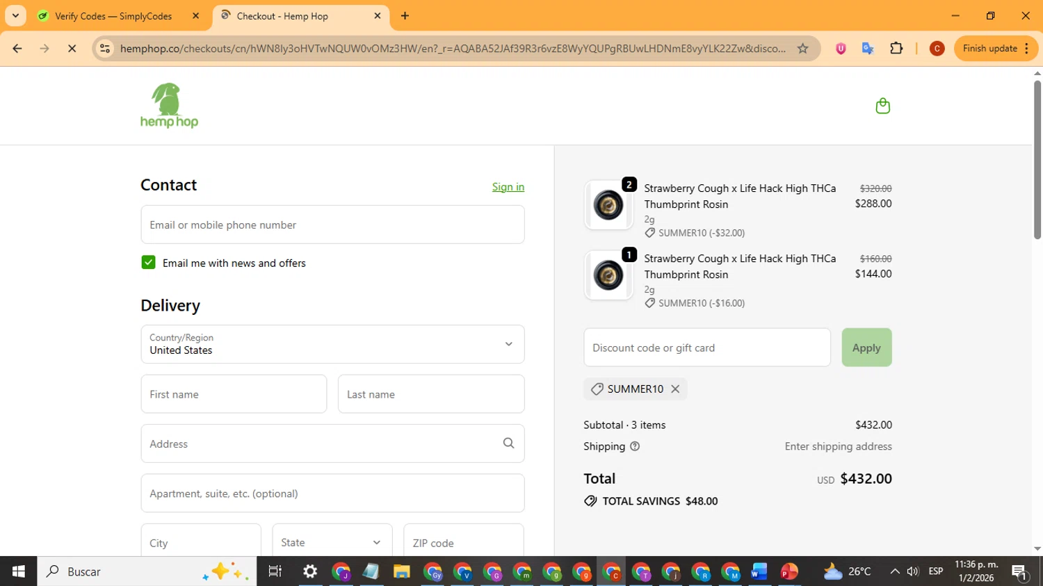 Hemp Hop discount code screenshot showing code SUMMER10 applied at Hemp Hop checkout page. Uploaded by SimplyCodes community member Playstatiton2 on Feb 2, 2026